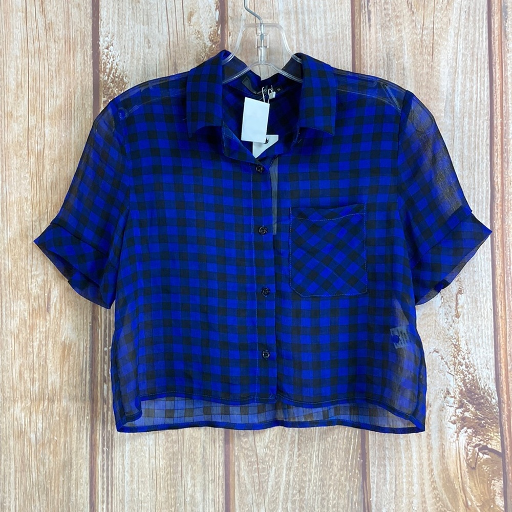 ➡️NWT Millau Blue/Black Gingham Sheer Crop Top Size Small